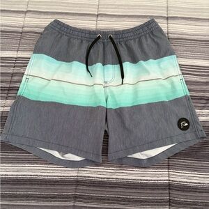 Quiksilver Men's Gray Swim Shorts with Aqua Gradient Stripes